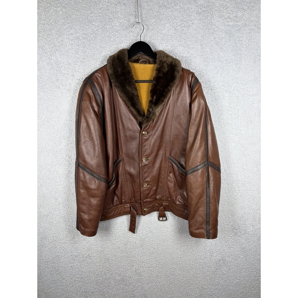 Vintage Vera Pelle Leather Jacket Men's EU 50 (L) Brown Fur Collar Belted Lined